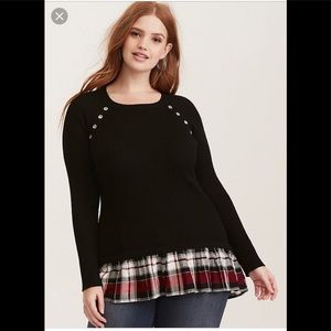Torrid Ribbed Knit Plaid Trimmed Layered Sweater